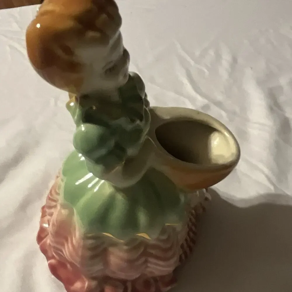 Vintage Ceramic Woman Figurine Bud Vase, Green Dress Pink Base, Small Gloss 6 in